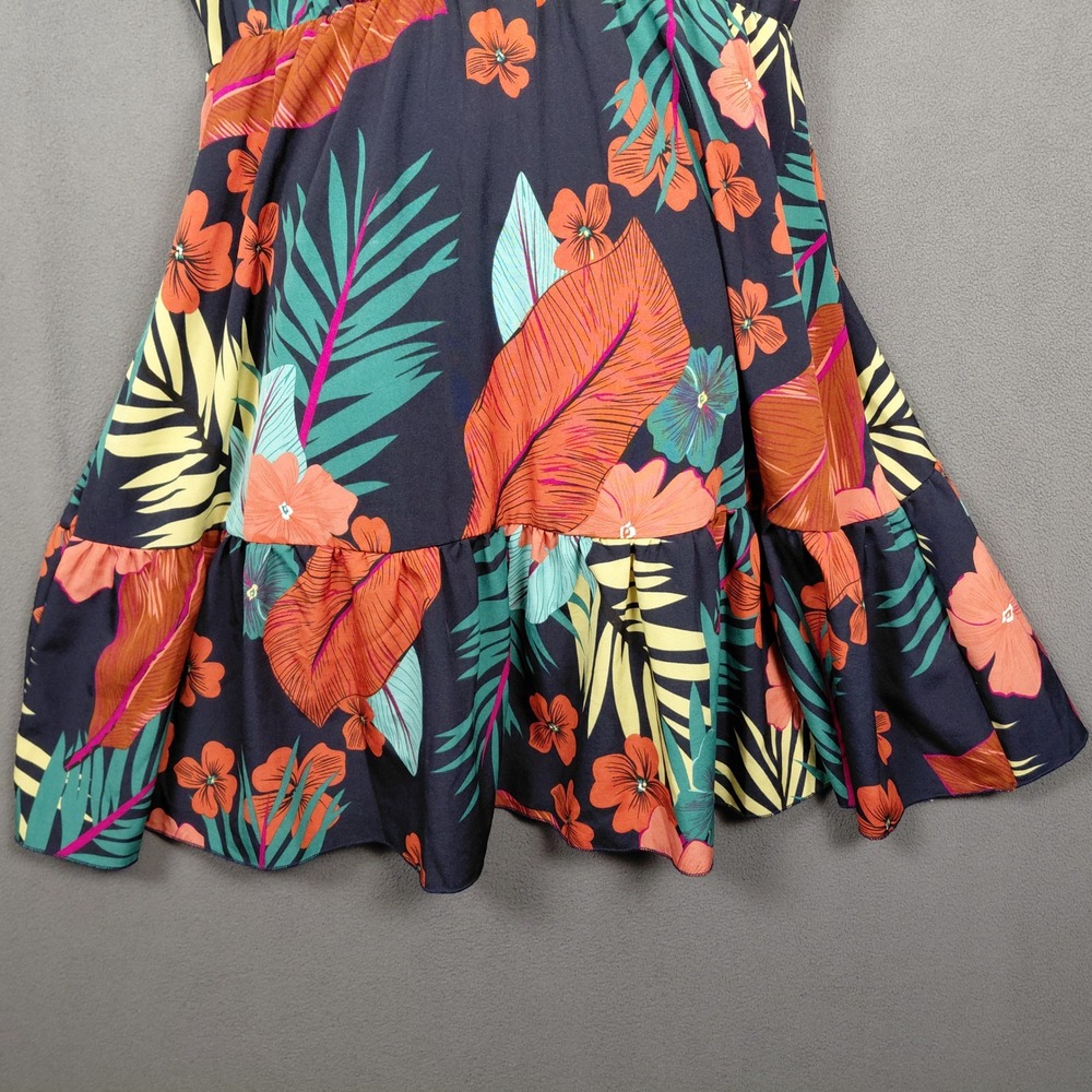 Tropical Floral V-Neck Ruffle Mini Dress Flutter Sleeve Tie Back High Waist ?Lg? - Picture 8 of 14
